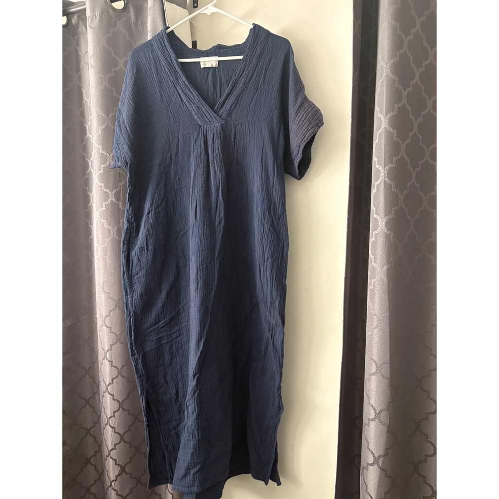 Honest Cotton Navy Blue Double Gauze V-Neck Maxi Dress Pockets S/M Boho Slouchy